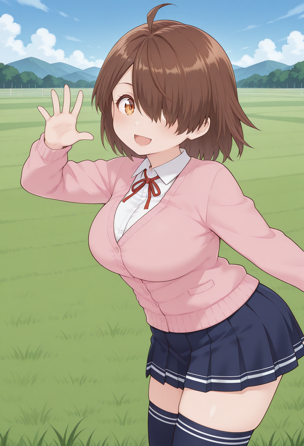 yurizono_yuumi, brown eyes, brown hair, short hair, ahoge, hair over one eye, school uniform, neck ribbon, pink cardigan, collared shirt, long sleeves, blue skirt, pleated skirt, blue thighhighs, <lora:yurizono_yuumi_illustrious_ver1:0.8> 
smile, open mouth,, masterpiece, best quality, very aesthetic, absurdres, general,, 1girl, solo, blue sky, (grasslands:1.2), looking at viewer,, (cowboy shot, dynamic pose:1.4),