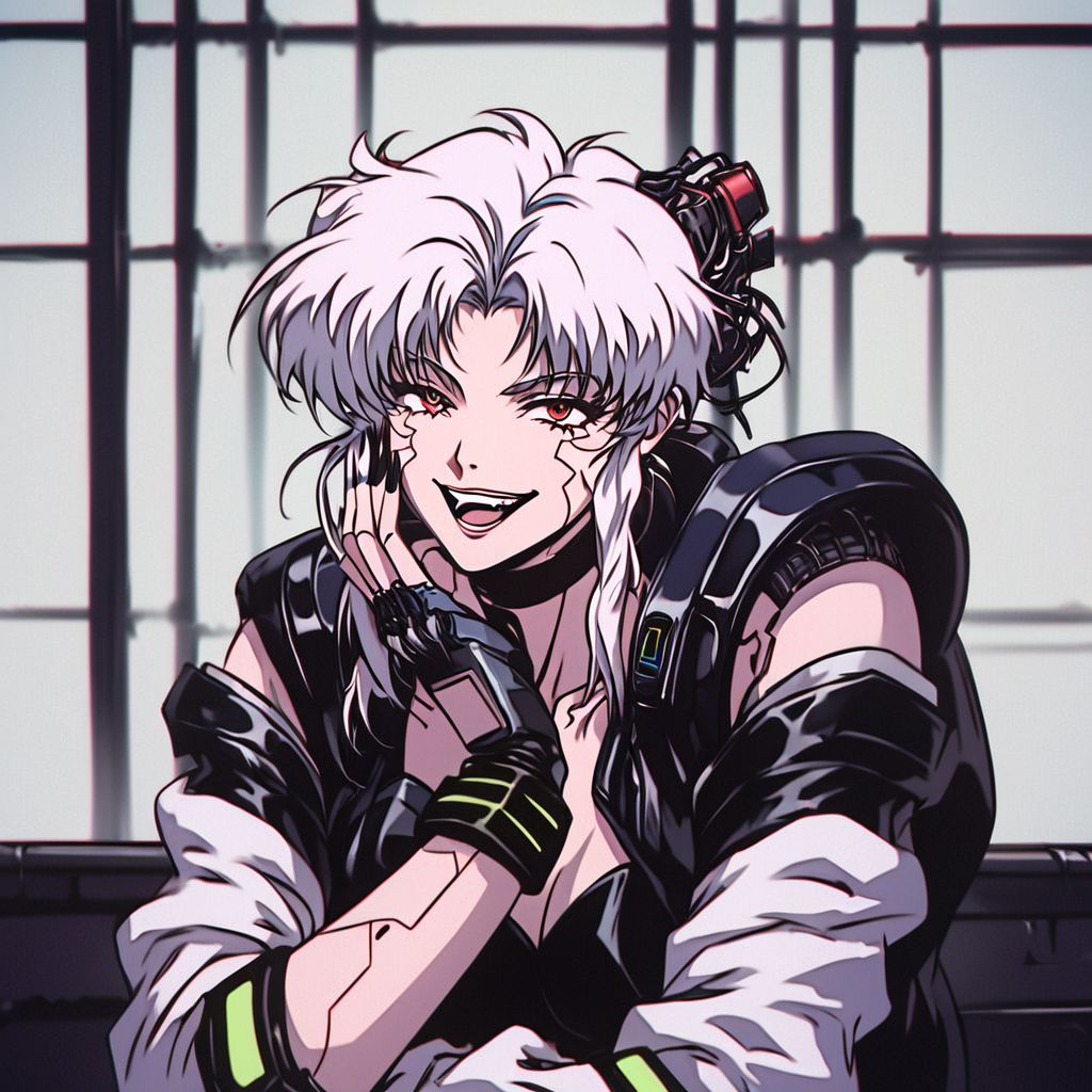 score_9, score_8_up, score_7_up, score_6_up, score_5_up, score_4_up,
BREAK
vintage, 1990s \(style\), retrowave, vaporwave,
masterpiece, best quality, detailed art, correct anatomy, anime style,
(ghost in the shell:1.2) style, (blade runner:1.2) style, anime girl, girl killer, assassin, white hair, red eyes, cyborg, crazy smile,
future, (cyberpunk:1.5), tokyo, busy street, neon lights in the background, megalopolis, (night:1.5) city, technology, wires