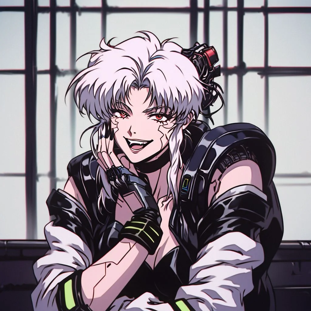 score_9, score_8_up, score_7_up, score_6_up, score_5_up, score_4_up,
BREAK
vintage, 1990s \(style\), retrowave, vaporwave,
masterpiece, best quality, detailed art, correct anatomy, anime style,
(ghost in the shell:1.2) style, (blade runner:1.2) style, anime girl, girl killer, assassin, white hair, red eyes, cyborg, crazy smile,
future, (cyberpunk:1.5), tokyo, busy street, neon lights in the background, megalopolis, (night:1.5) city, technology, wires