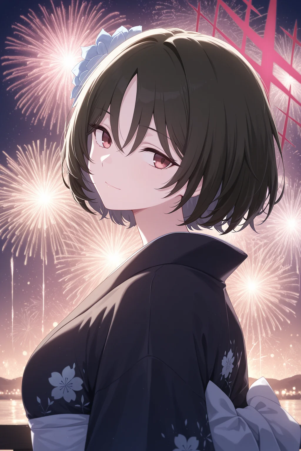 masterpiece, best quality, amazing quality,
imashino_misaki_\(blue archive\), red eyes, black hair, short hair,
1girl, hair flower, black kimono, patterned clothing, floral print, upper body, (from side:0.4), head tilt, looking at viewer, sideways glance, light smile, closed mouth, outdoors, night sky, aerial (fireworks:1.4), (blue_theme, purple_theme, red_theme, yellow_theme, white_theme:0.6), (lens flare:1.6)
