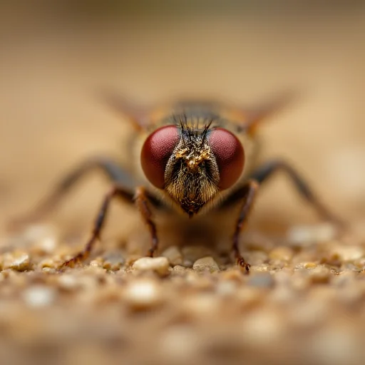 hexagonal prism, light brown sand and small pebbles, captured in extreme close-up. The insect is positioned slightly off-center, macro photograph showcasing a close-up view of a delicate, blurred background. The sphere is composed of intricate, rich brown color, likely a leaf or a petal, specifically a type of fly, compound eyes