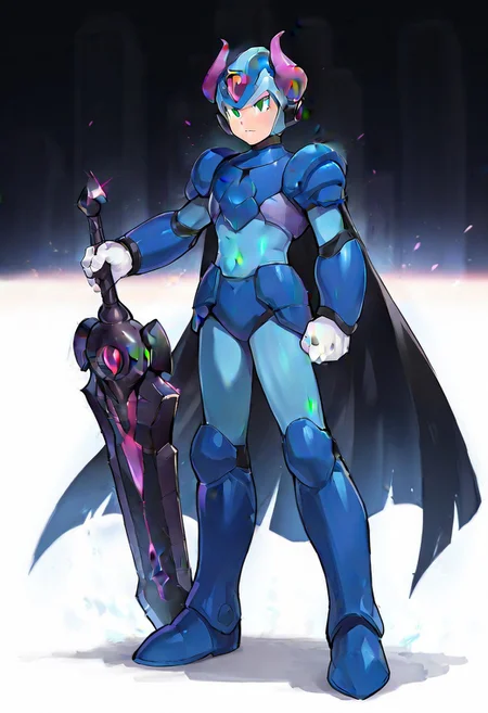 masterpiece, best quality, amazing quality, highres, high resolution, solo, score_9, score_8_up, score_7_up, 1boy, 1boy, :green_eyes, blue_helmet, blue_armor, blue_bodysuit, white_gloves, blue_boots, black greatsword, holding black greatsword, megax, gore magala armor, purple horn ornament, black cape, full body,