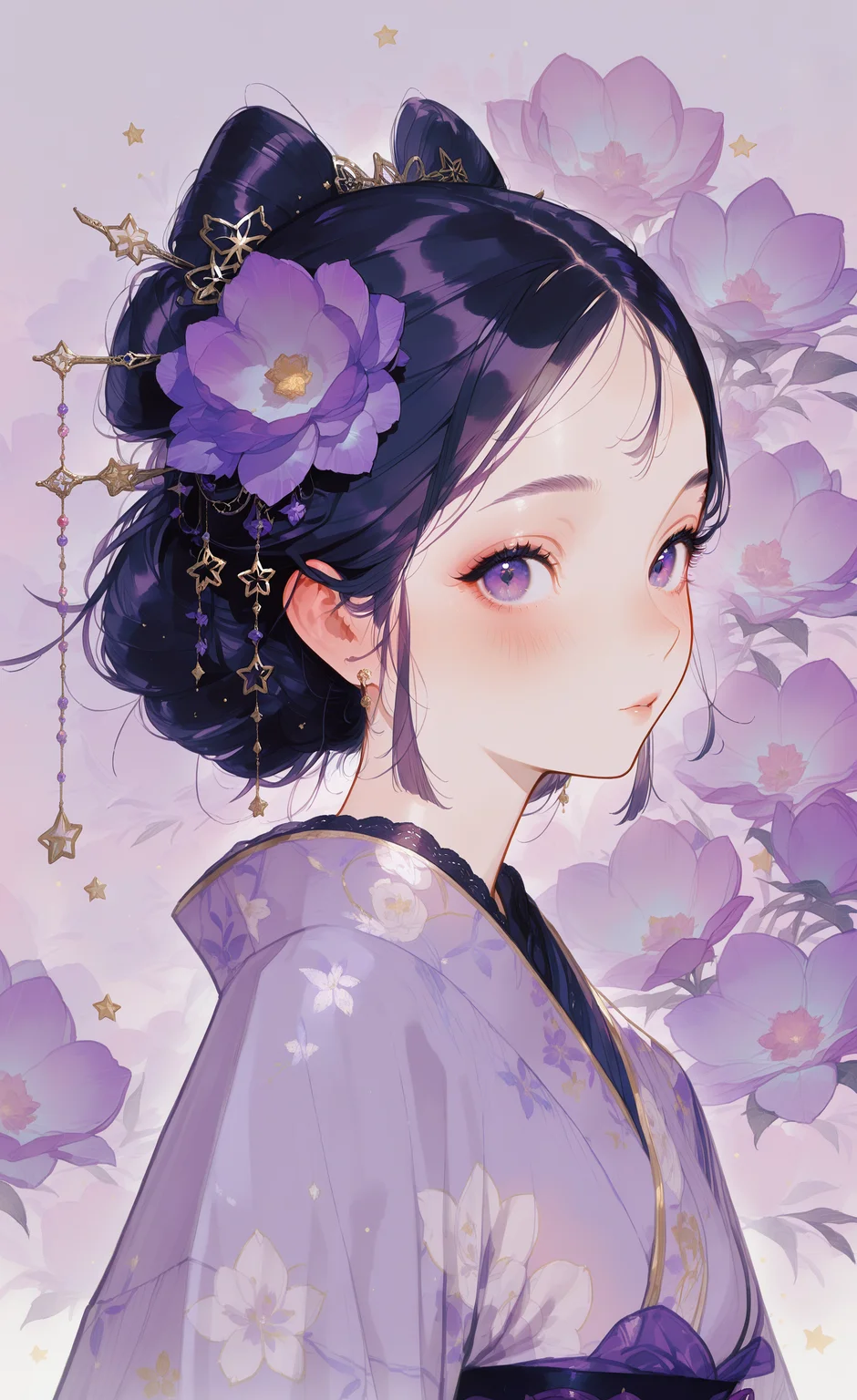 masterpiece, best quality, good quality, very aesthetic, absurdres, newest,from_side,upper_body, 1girl, solo,blush, black_hair, hair_ornament, jewelry, purple_eyes, purple_hair, flower, earrings, parted_lips, japanese_clothes, medium_hair, hair_flower, kimono, star_\(symbol\), looking_to_the_side, sash, floral_print, obi, star_hair_ornament, purple_flower, yukata, print_kimono, purple_kimono, looking_at_viewer, <lora:ponyv5_noobE11_1_adamW-000013:1> <lora:zzziGnXL_il_lokr_V531:0.7> <lora:wl-illV1-000017:1>