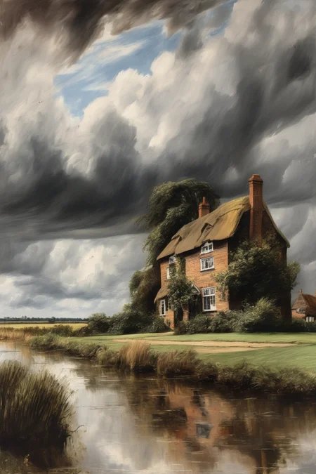 John Constable Style - constable painting of a large tudor farmhouse on the norfolk broads seen from a low angle against a stormy sky