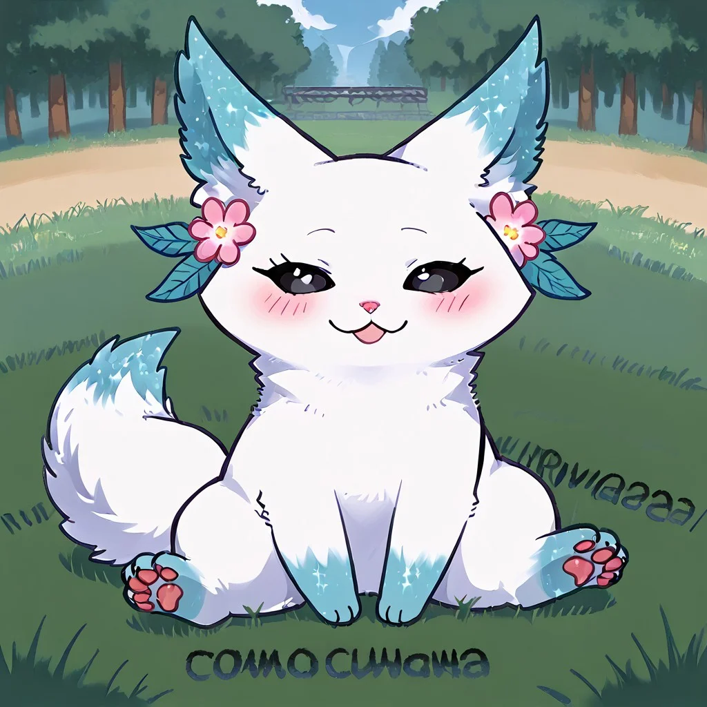 Minto, white fur, black sclera, black eyes, pink nose, paws, tail, turquoise edges at the ears, full body, outdoors, sitting on grass
