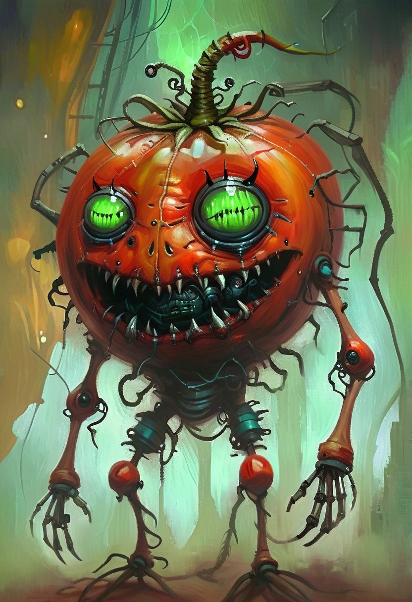 w4rh4mm3r style oil painting, grimdark, cybernetic , 
short creepy tomato man monster, lascivious smile