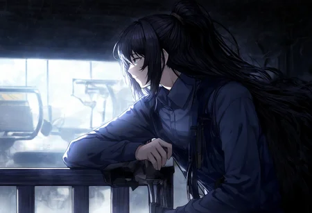 masterpiece,absurdres,high contrast,honglu,1boy,long hair,high ponytail,heterochromia,blue eyes,black eyes,upper body,face focus,closeup,crisp white collared shirt with a slim fit,gym shorts,leaning against railing, profile view, wind tousling hair, peaceful expression, late afternoon,music studio, soundproof walls, mixing equipment,<lora:limbus92:0.9>,limbusstyle