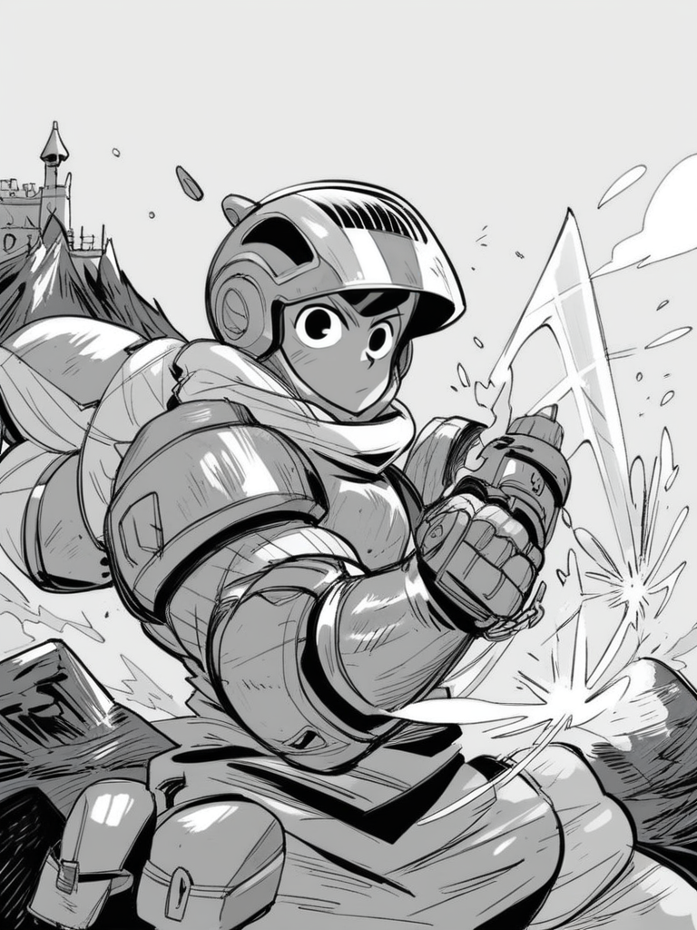 score_9, score_8_up, score_7_up, score_6_up, armored boy, helmet, faceless, mountain, castle, holding a laser sword, looking at viewer, cowboy shot, dynamic pose, cute, wide shot, solo, 
<lora:INKtoonXLP_Style:1> InkToon, monochrome, black eyes, simple white  background, cute, sketch, thin line, cartoon, splash art, concept art