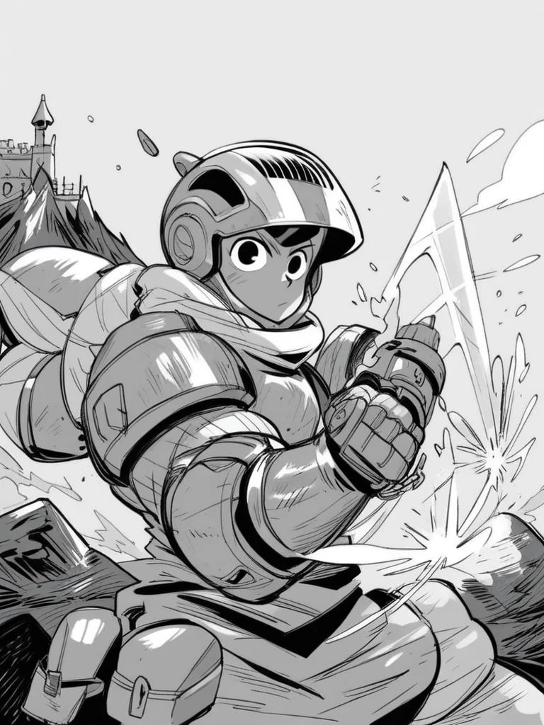 score_9, score_8_up, score_7_up, score_6_up, armored boy, helmet, faceless, mountain, castle, holding a laser sword, looking at viewer, cowboy shot, dynamic pose, cute, wide shot, solo,
<lora:INKtoonXLP_Style:1> InkToon, monochrome, black eyes, simple white background, cute, sketch, thin line, cartoon, splash art, concept art