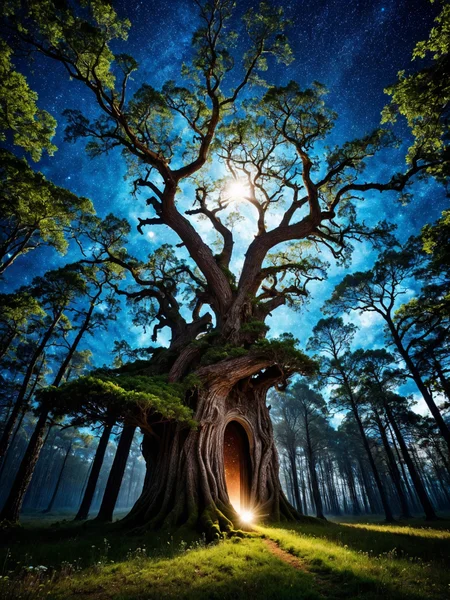 [professional::0.3][intricate:0.3:0.7][digital:0.7]-photography, <lora:Portal-10:0.7>tree-portal, cloud, forest, grass, mushroom, nature, outdoors, plant, scenery, starry sky, tree, epic photo, picture-perfect