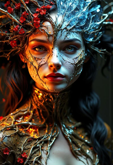 A hyper-realistic close up shot of a Ultra-detailed portrait of an androgynous being, half face made of crackling lava, half face made of crystalline ice, hair of swirling grass and red flowers, shoulders transitioning into earth and roots, eyes glowing with ethereal light, in the style of HR Giger meets Alphonse Mucha, photorealistic textures, dramatic lighting, 16K resolution. ultra sharp focus photo, 3d render, architecture, dark fantasy, vibrant (photography, high-resolution, dynamic, energetic,hyper-realistic, dramatic lighting, shallow depth of field.)