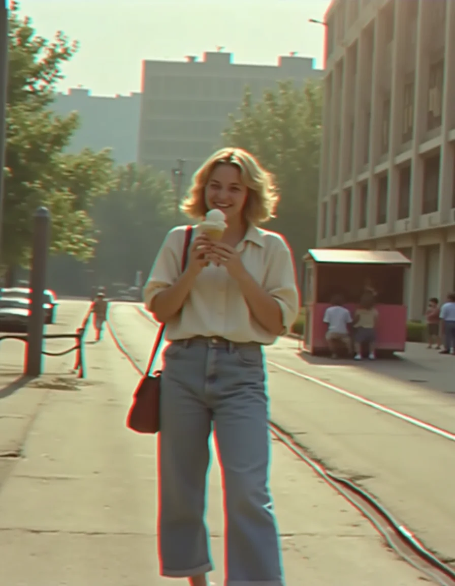 A candid photograph of a young Soviet female college student in the 1980s, captured mid-bite as she enjoys an ice cream cone. She wears straight-leg jeans with a tucked-in, slightly oversized blouse, reflecting the casual yet stylish trends of the era. Her outfit is paired with simple sneakers and a small crossbody bag slung over her shoulder. Her short, wavy hair is neatly styled, a common look among young women of the time.
The background features a typical Soviet cityscape: wide, tree-lined avenues with concrete apartment blocks, a tram line in the distance, and vintage Soviet cars parked along the curb. The scene is alive with subtle details: a Lenin monument visible in a square nearby, children playing on a swing set, and a small kiosk selling more ice cream.
The atmosphere feels both nostalgic and lively, with golden sunlight casting long shadows in the late afternoon. The studentâs relaxed demeanor and soft smile give the image a sense of warmth and everyday simplicity, contrasting with the stark, utilitarian aesthetic of the urban environment.
Camera: Zenit-E (popular in the Soviet era)
Lens: Helios 44-2 58mm f/2
Settings: 58mm focal length, f/2 aperture, ISO 100, 1/250s shutter speed
Lighting: Natural golden-hour sunlight, with soft shadows and warm tones enhancing the nostalgic feel of the scene.
<lora:CAVHS_flux_lora_v1:1> CAVHS, 90s vhs footage