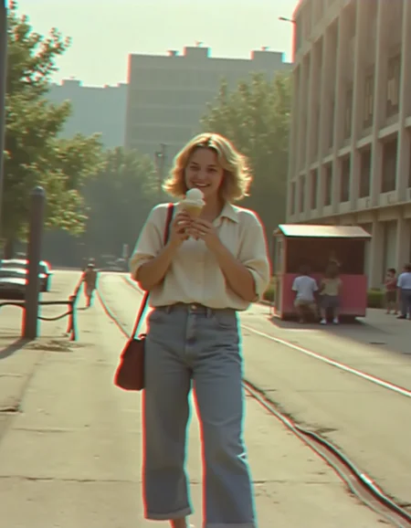 A candid photograph of a young Soviet female college student in the 1980s, captured mid-bite as she enjoys an ice cream cone. She wears straight-leg jeans with a tucked-in, slightly oversized blouse, reflecting the casual yet stylish trends of the era. Her outfit is paired with simple sneakers and a small crossbody bag slung over her shoulder. Her short, wavy hair is neatly styled, a common look among young women of the time.
The background features a typical Soviet cityscape: wide, tree-lined avenues with concrete apartment blocks, a tram line in the distance, and vintage Soviet cars parked along the curb. The scene is alive with subtle details: a Lenin monument visible in a square nearby, children playing on a swing set, and a small kiosk selling more ice cream.
The atmosphere feels both nostalgic and lively, with golden sunlight casting long shadows in the late afternoon. The studentâs relaxed demeanor and soft smile give the image a sense of warmth and everyday simplicity, contrasting with the stark, utilitarian aesthetic of the urban environment.
Camera: Zenit-E (popular in the Soviet era)
Lens: Helios 44-2 58mm f/2
Settings: 58mm focal length, f/2 aperture, ISO 100, 1/250s shutter speed
Lighting: Natural golden-hour sunlight, with soft shadows and warm tones enhancing the nostalgic feel of the scene.
 <lora:CAVHS_flux_lora_v1:1> CAVHS, 90s vhs footage
