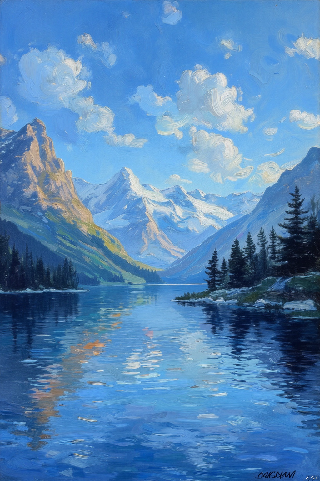 oil painting,OByouhua,
A serene oil painting of a tranquil mountain lake, its still surface reflecting the towering peaks and the vibrant blue sky above. The colors are cool and calming, with a focus on the interplay of light and shadow. The gentle ripples on the water are rendered with delicate brushstrokes, creating a sense of peace.