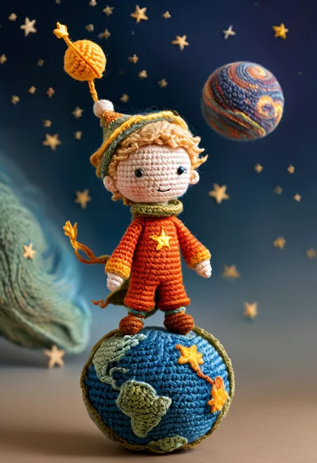 the little prince standing on small planet in starry sky, by saint exupery, crocheted style