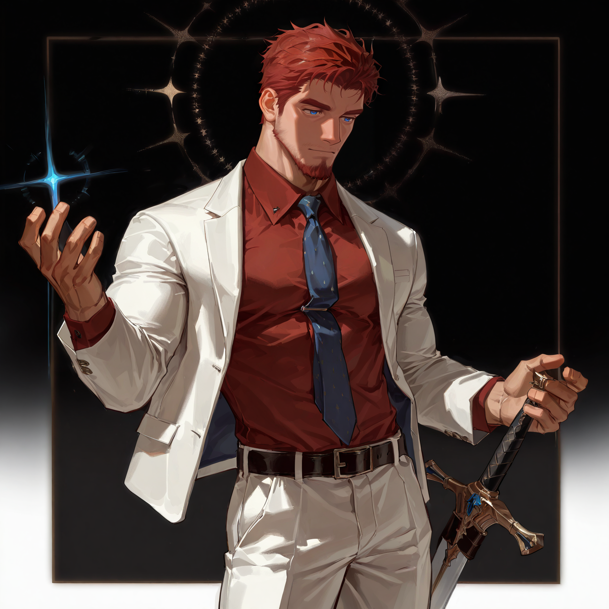 <lora:Logi_Alchemist_Code-000003:.5> tagatamelogi, blazer, red collared shirt, tie, belt, pants, sword, 1boy, mature male, red middle hair, blue eyes
(very short hair, beard, bara, mature, facial hair, stubble, beard, full beard, sideburn, beard, a lot of beard, ), facial hair,male focus, muscular male, muscular male, bara, mature,  bara, mature, aixiwuganda_(20222192), very awa, masterpiece, best quality, absurdres, newest, perfect quality, detailed background, intricate details,
<lora:slider_Body Type_alpha1.0_rank4_noxattn_last:3><lora:Anime Summer Days 2 Style SDXL_LoRA_Pony Diffusion V6 XL:.6><lora:slider_cfg_scale_boost:.7><lora:Artist6p:.55>, Artist6p, Artist04p,<lora:slider_il_brightness_slider_d1:-1><lora:slider_il_contrast_slider_d1:-1><lora:slider_DarkSlider1.2_alpha1.0_rank16_full_300steps:-.6>