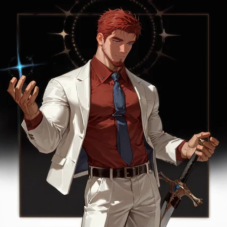 <lora:Logi_Alchemist_Code-000003:.5> tagatamelogi, blazer, red collared shirt, tie, belt, pants, sword, 1boy, mature male, red middle hair, blue eyes
(very short hair, beard, bara, mature, facial hair, stubble, beard, full beard, sideburn, beard, a lot of beard, ), facial hair,male focus, muscular male, muscular male, bara, mature,  bara, mature, aixiwuganda_(20222192), very awa, masterpiece, best quality, absurdres, newest, perfect quality, detailed background, intricate details,
<lora:slider_Body Type_alpha1.0_rank4_noxattn_last:3><lora:Anime Summer Days 2 Style SDXL_LoRA_Pony Diffusion V6 XL:.6><lora:slider_cfg_scale_boost:.7><lora:Artist6p:.55>, Artist6p, Artist04p,<lora:slider_il_brightness_slider_d1:-1><lora:slider_il_contrast_slider_d1:-1><lora:slider_DarkSlider1.2_alpha1.0_rank16_full_300steps:-.6>