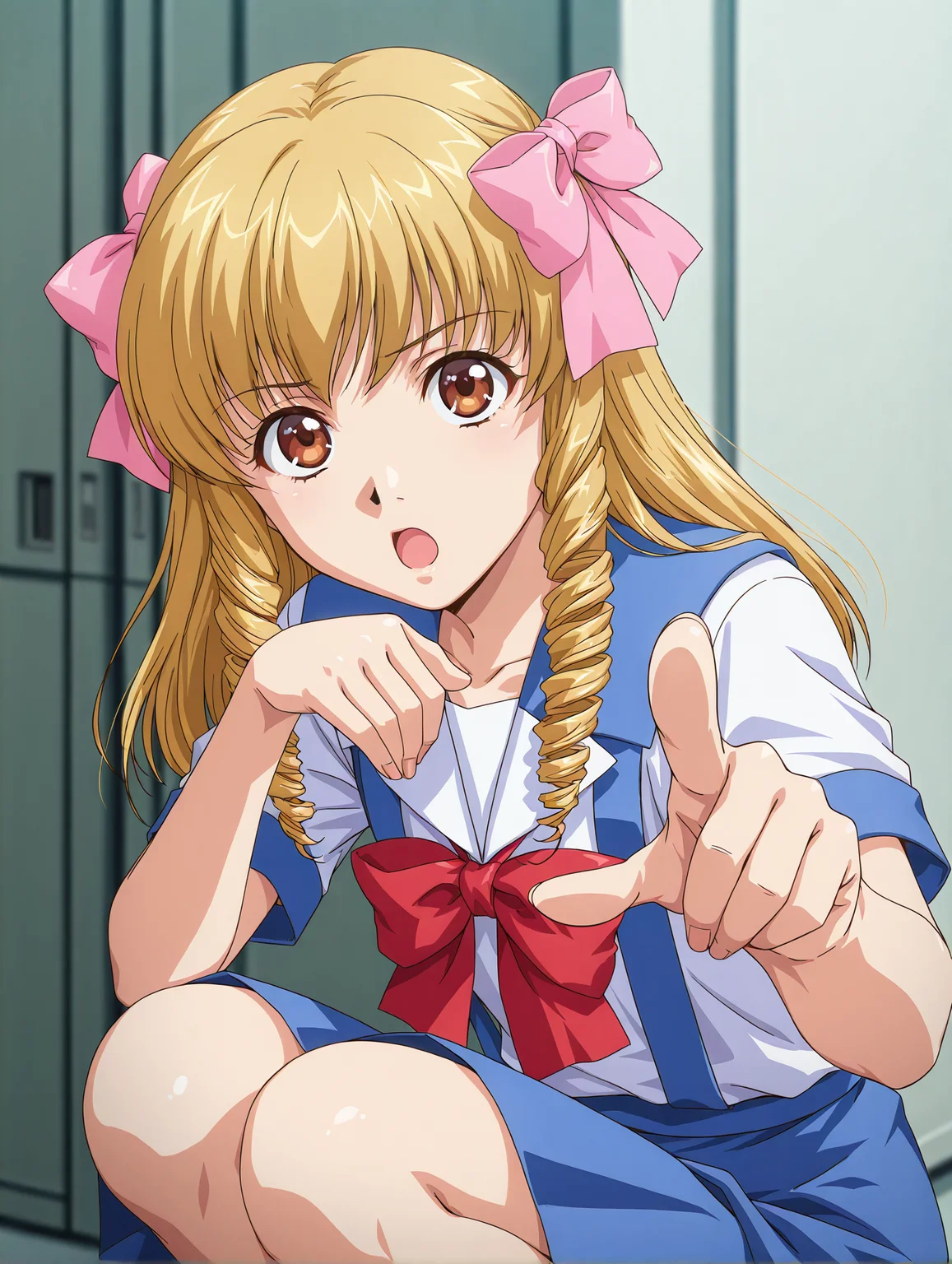 <lora:interlude-v2:0.8> 1girl, solo, k1mur4, bow, hair bow, blue skirt, suspender skirt, squatting, pointing at viewer, open mouth, upper body