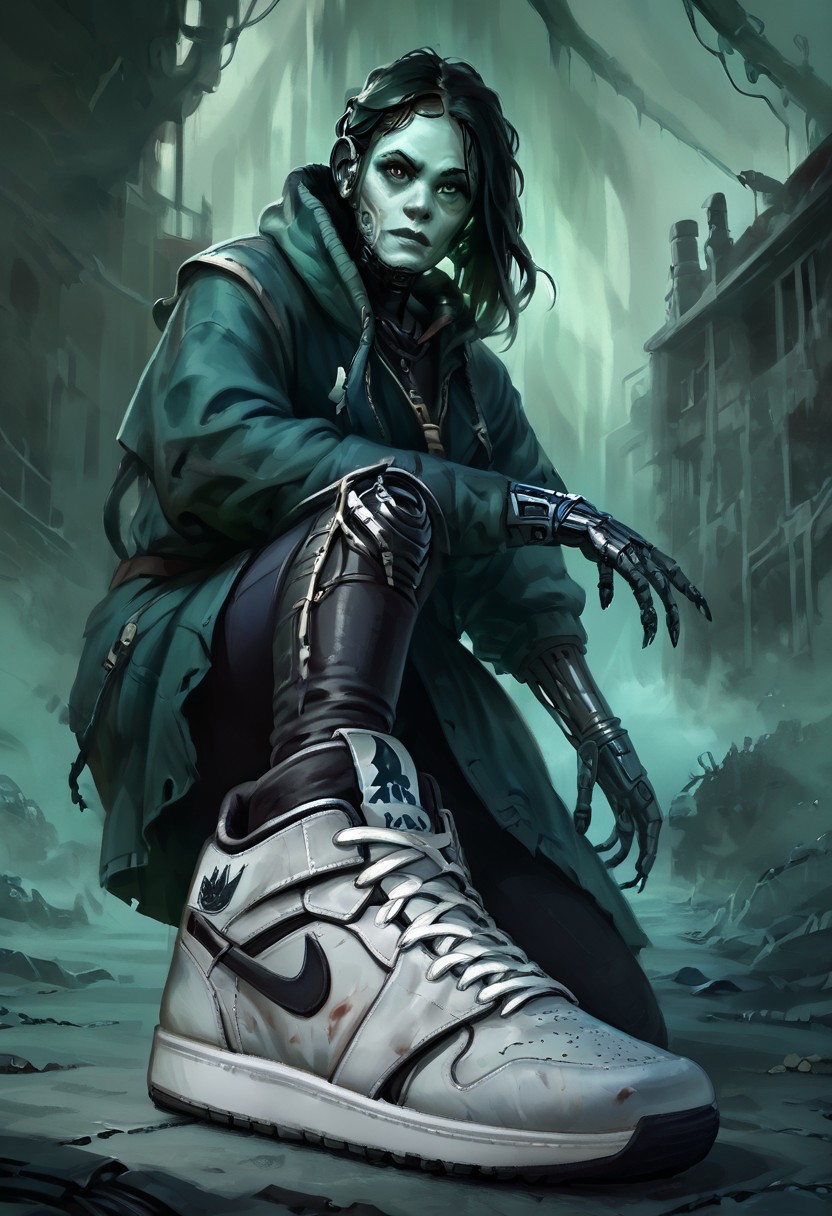 score_9, score_8_up, score_7_up, w4rh4mm3r style oil painting, grimdark, 18 year old female cyborg, eerie horror background, foggy, hud_sh03_sh0w, foreshortening, looking at viewer, sneakers, Nike, wearing cybernetic sneakers, mechanical arms