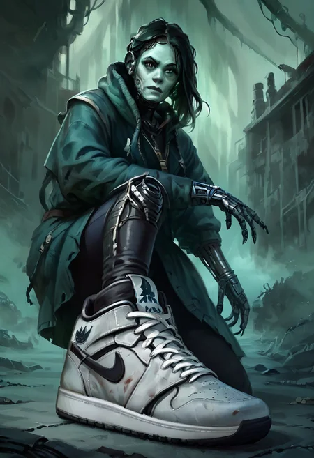score_9, score_8_up, score_7_up, w4rh4mm3r style oil painting, grimdark, 18 year old female cyborg, eerie horror background, foggy, hud_sh03_sh0w, foreshortening, looking at viewer, sneakers, Nike, wearing cybernetic sneakers, mechanical arms