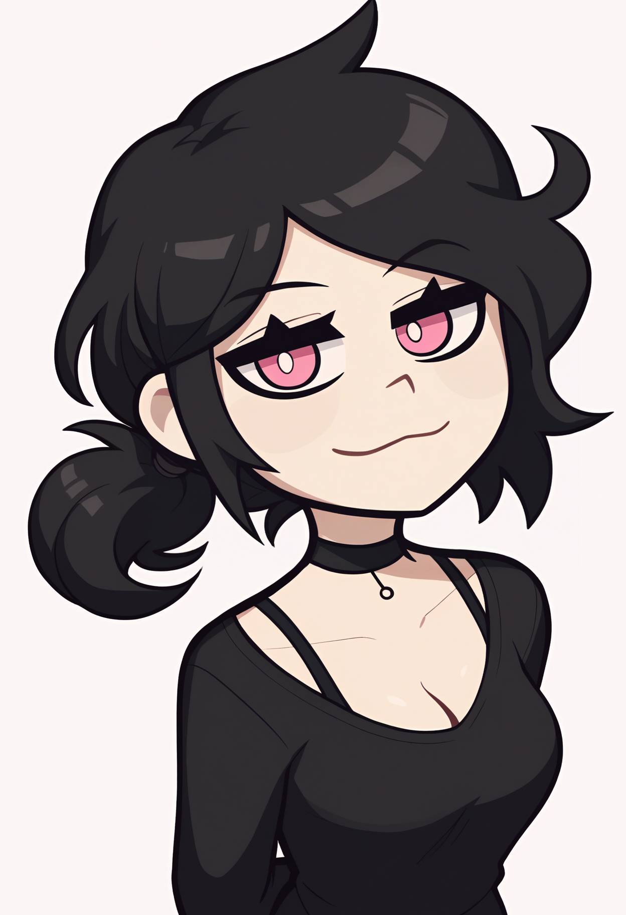 score_9, score_8_up, score_7_up, outline, BREAK
1girl, ashleygr, black hair, ponytail, pink eyes, choker, cleavage, medium breats, black shirt,
arms behind back, upper body, smile, standing, looking at viewer, solo, simple background, white background      <lora:AshleyXL_byKonan:1>