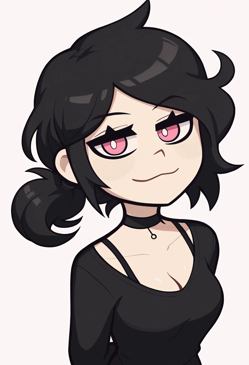 score_9, score_8_up, score_7_up, outline, BREAK
1girl, ashleygr, black hair, ponytail, pink eyes, choker, cleavage, medium breats, black shirt,
arms behind back, upper body, smile, standing, looking at viewer, solo, simple background, white background <lora:AshleyXL_byKonan:1>