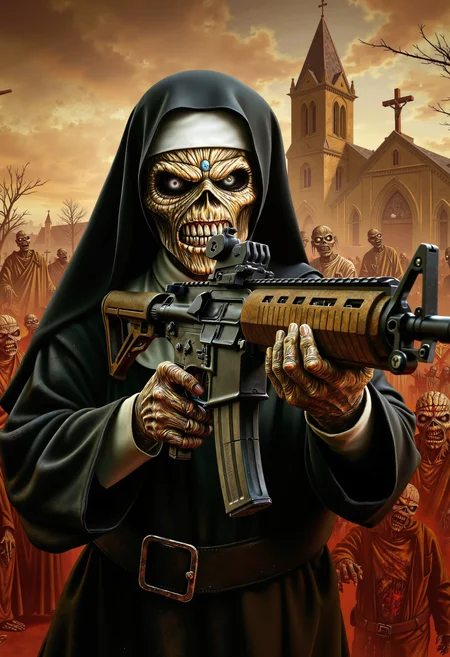 in the style of ckim, a nun is holding and aiming an AR15 assault rifle, trigger discipline, apocalyptic, zombies, cross, church in background