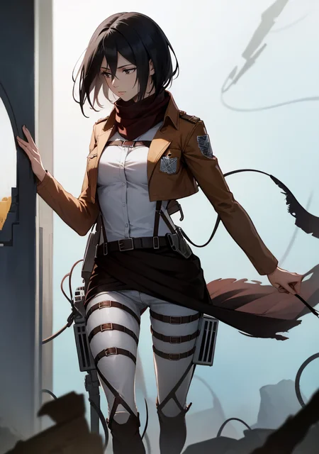 UHD, 64K, best quality, uncensored, wallpaper, ideal ratio body proportions, studio quality <lora:age_slider_v2:2> BREAK
(1girl, solo, sharp focus, standing, from side, full body, bioluminescent details, summer, daytime), <lora:boldline:0.1> <lora:add_detail:0.2> <lora:Wasteland-10:0.3> (Wasteland, ruined, abandoned, broken objects, dirty) BREAK
<lora:mikasa_ackerman_v1:0.7> <lora:mikasa ackerman-lora-nochekaiser:0.5> (mikasa ackerman, hmmikasa, black hair, very short hair, black eyes, hair between eyes, small breasts, scarf, emblem, belt, thigh strap, red scarf, belt, brown jacket, dress shirt, jacket, open clothes, open jacket, pants, paradis military uniform, shirt, strap gap, thigh strap, three-dimensional maneuver gear, white pants, white shirt)