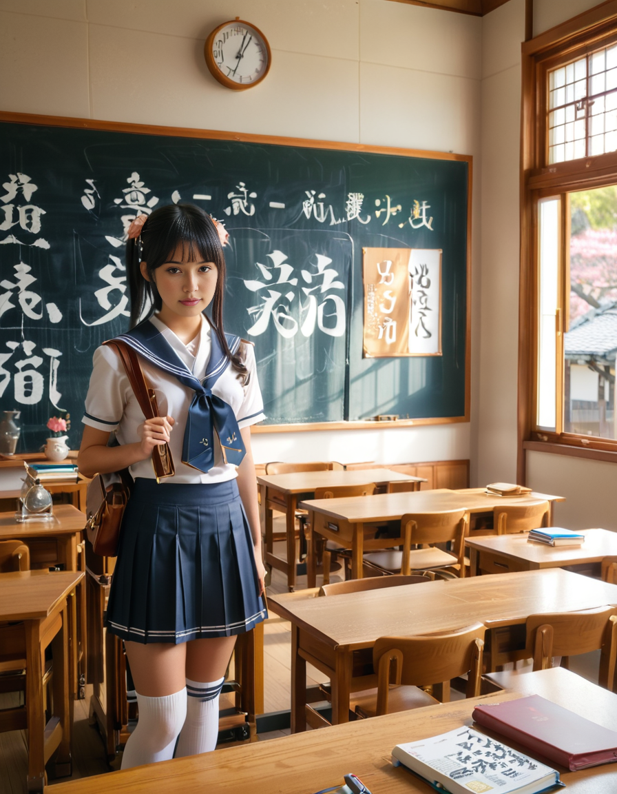 A Japanese schoolgirl standing in a traditional Japanese classroom during daytime. She wears a classic navy blue and white sailor-style school uniform with a pleated skirt, a ribbon tied at the collar, and knee-high socks. She has neatly styled black hair, possibly in a ponytail or straight with bangs, and carries a school bag over one shoulder. Her expression is calm and focused, with a hint of curiosity or determination.
The classroom features wooden desks and chairs arranged in rows, a large chalkboard with neatly written Japanese characters, and sunlight streaming in through large windows that reveal cherry blossom trees outside. Educational posters with kanji and hiragana are displayed on the walls, and a clock hangs above the board. The atmosphere is warm and nostalgic, capturing the essence of a Japanese school setting in a realistic and highly detailed photograph.
<lora:SDXLFaeTastic2400:0.4> <lora:extremely_detailed:0.4> extremely detailed, <lora:Japanese_cl4ssr00m:1>,Japanese cl4ssr00m, Masterpiece,best quality,hi res,8k,hi res,8k,award winning,(sharp focus, intricate, highly detailed),
