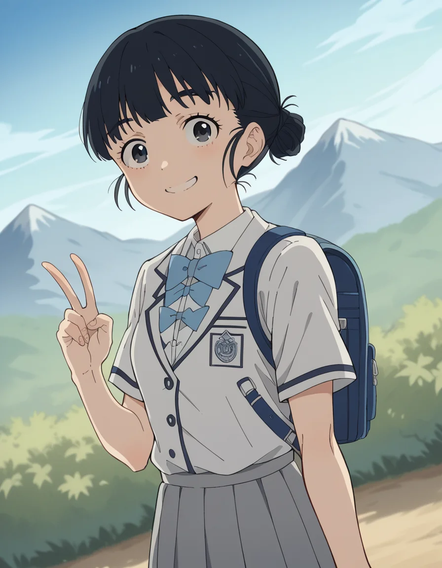 score_9, score_8_up, score_7_up, source_anime, <lora:tiara-basori-s1-ponyxl-lora-nochekaiser:1>, tiara basori, bangs, black hair, hair bun, black eyes, single hair bun,, skirt, shirt, bow, school uniform, white shirt, short sleeves, grey skirt, pleated skirt, bowtie, blue bowtie, blue bow, blazer,, mountain trail, hiking, nature, backpack, adventure, fresh air, smile, looking at viewer, v,, solo,, cowboy shot, dutch angle