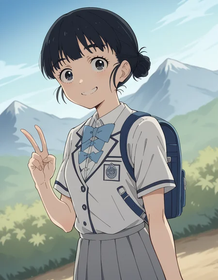 score_9, score_8_up, score_7_up, source_anime, <lora:tiara-basori-s1-ponyxl-lora-nochekaiser:1>, tiara basori, bangs, black hair, hair bun, black eyes, single hair bun,, skirt, shirt, bow, school uniform, white shirt, short sleeves, grey skirt, pleated skirt, bowtie, blue bowtie, blue bow, blazer,, mountain trail, hiking, nature, backpack, adventure, fresh air, smile, looking at viewer, v,, solo,, cowboy shot, dutch angle