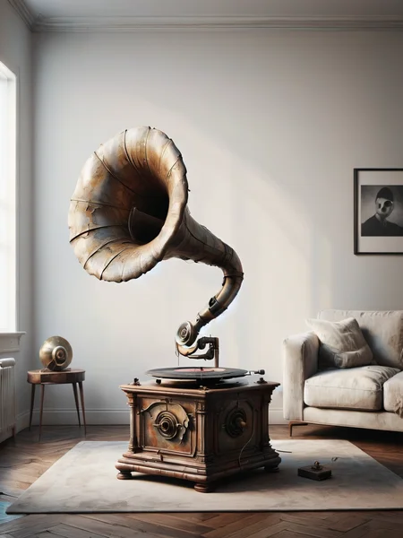 ais-olde gramophone levitating in a sleek, minimalist living room, its horn casting distorted shadows <lora:Old_Style_SDXL:1>
