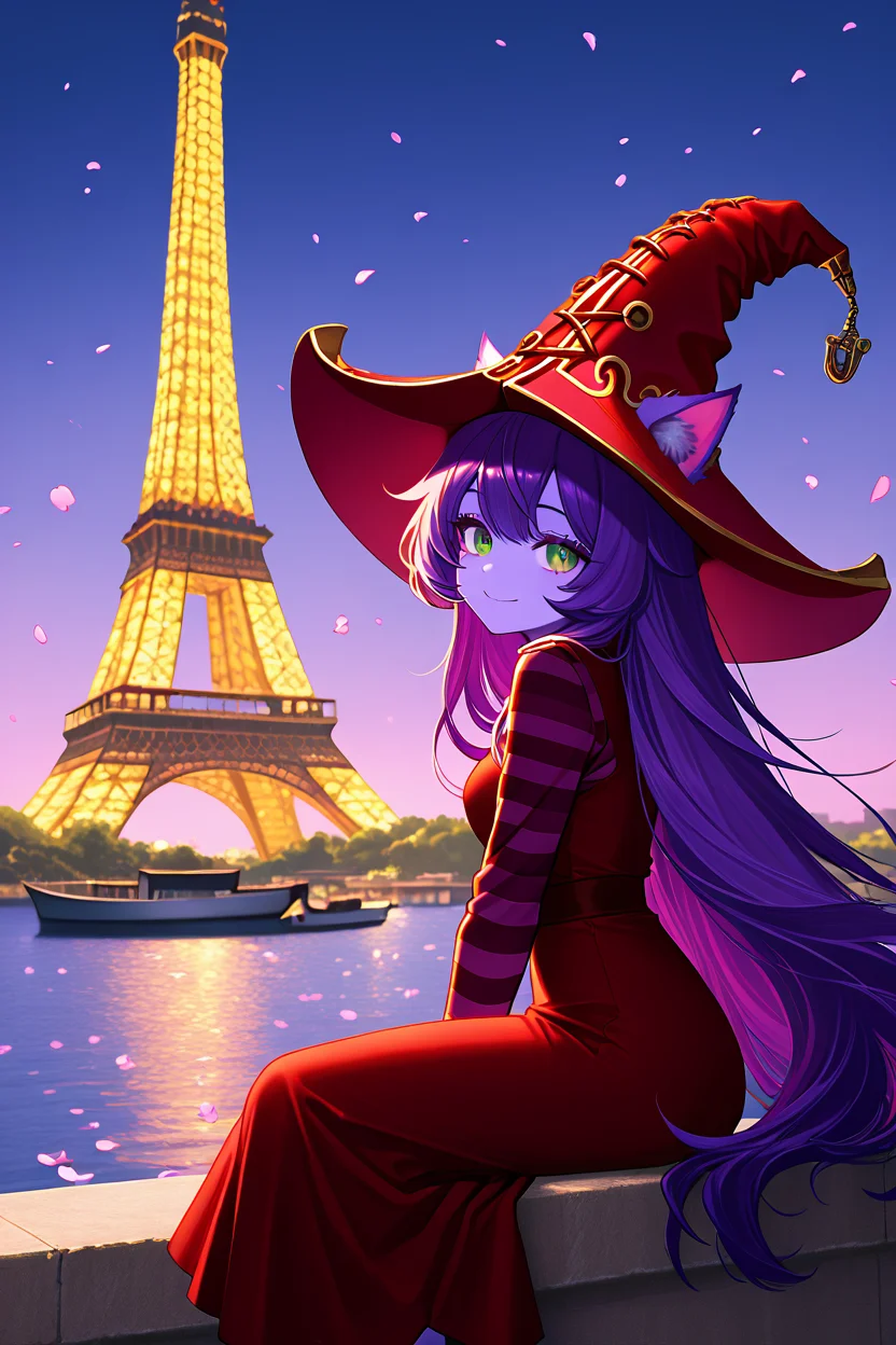 masterpiece, best quality, 1girl, solo, 21 year old model, eyelashes, (beautiful eyes), ,,, <lora:LuluLeagueoflegendsIXL:1.0>, zzLulu, long hair, bangs, animal ears, green eyes, purple hair, colored skin, purple skin, long sleeves, hat, dress, red dress, red headwear, ears through headwear, striped sleeves, yordle,,,, zzEiffelTower in background, sitting, watercraft, boat, sitting on wall, side view, looking at viewer, smile,,, blooming stars, luminescent petals, otherworldly fragrance blurry background, <lora:EiffelTowerIXL_v2:1.0>,
