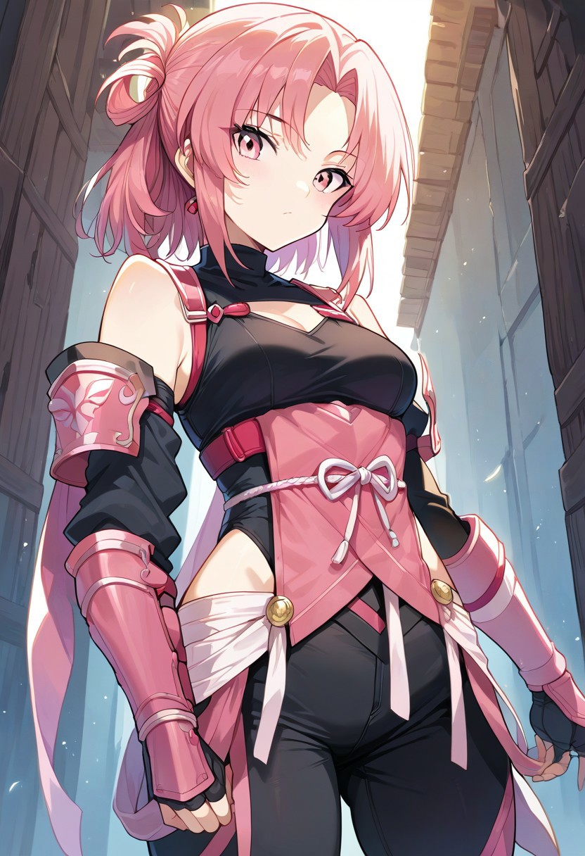 score_9, score_8_up, score_7_up, c3l3st3, pink hair, pink eyes, black top, shoulder cutout, ninja, holding kunai, kurokote (armour), muneate (armour),  black pants, source_anime, ntm,