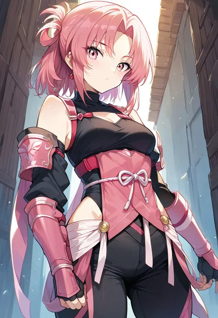 score_9, score_8_up, score_7_up, c3l3st3, pink hair, pink eyes, black top, shoulder cutout, ninja, holding kunai, kurokote (armour), muneate (armour),  black pants, source_anime, ntm,