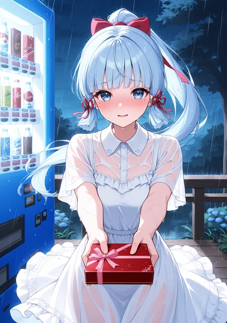 masterpiece, best quality, 1girl, solo, basekamiaya, light blue hair, blunt bangs, mole under eye, ponytail, long hair, hair ribbon, sundress, white dress, frilled dress, (collared dress), outdoors, (vending machine), box of chocolates, holding box, incoming gift, valentine, hair ornament, night, night sky, tree, looking at viewer, blue eyes, wind, wind lift, (rain), nature, scenery, wet clothes, wet, wet hair, see-through, wet dress, see-through dress, blush, embarrassed, smile, parted lips, wavy mouth