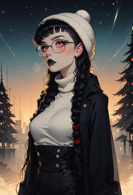 score_9, score_8_up, score_7_up, score_6_up, score_5_up, score_4_up, dynamic, Cinematic Lighting, Volumetric Lighting, Bloom, Post Processing, Perfect Anatomy, Extremely Detailed Eyes And Face, Perfect Eyes.
1girl, Solo, Goth, ((Long Black Hair)),(((very long braids:1.5))) ((Braids)), Dark Red Eyes, Dark Eyeliner, Mascara, Big Eyes, Mole On Chest, Goth, Black Lipstick, Choker, Cute Face, Blush, Big Round , Glasses, Slim Figure, Narrow Waist, Wide Hips, (High Breasts), (medium Breasts: 1.2), Perfectly Round Breasts, Perfect Round Butt, Wide Hips,
-- clothes -- red scarf, white sweater, black pants, black coat, winter, winter hat,
outdoors, sky, cloud, winter, snowfall, Steam from the mouth., night, profile, depth of field, city lights background, backlight, christmas lights, christmas tree, night
wipe the upper part of the body,