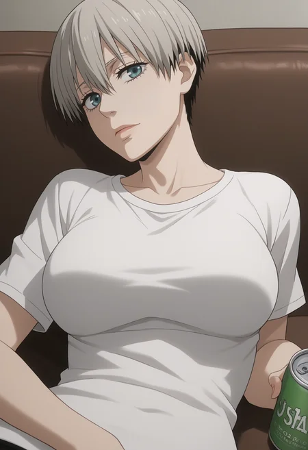 score_9, score_8_up, score_7_up, source_anime BREAK, 1girl, solo, cowboy shot,  <lora:DX888GangstaStyle:1> gangsta style, solo, looking at viewer, looking to the side,   lying on couch,  on back , arm dangle, from side, holding can,      uzaki hana,grey hair, large breasts,