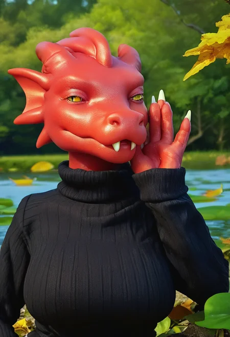 score_9, score_8_up, score_7_up, <lora:Bdrgon:1.0>, solo, bdrgon, dragon, big breasts, black sweater, turtleneck, turtleneck sweater, ribbed sweater, long sleeves, waving, outdoor, spring, lake, spring leaves, silicone fox head with nose, <lora:Silicone Sex Doll:1.0>, made from silicone, fangs, claws, sideview, look at the viewer, <lora:Colored_Skin-Pony-V1.0:1>, burgundy color skin, scales skin, high quality skin texture,
