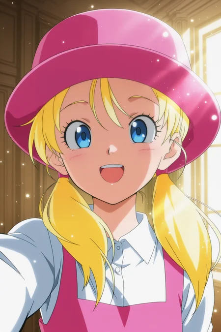 anime screencap, masterpiece, best quality, amazing quality, very aesthetic, absurdres, newest, (scenery, volumetric lighting),
marron, official style, 1girl, solo, long hair, smile, open mouth, blue eyes, blonde hair, pork pie hat, twintails, white shirt, upper body, :d, teeth, collared shirt, low twintails, upper teeth only, pink dress, pink headwear, looking at viewer, selfie, long sleeves, sleeveless dress, eyelashes, indoors, mansion, dappled sunlight, light particles,
<lora:Marron_IL:0.8>