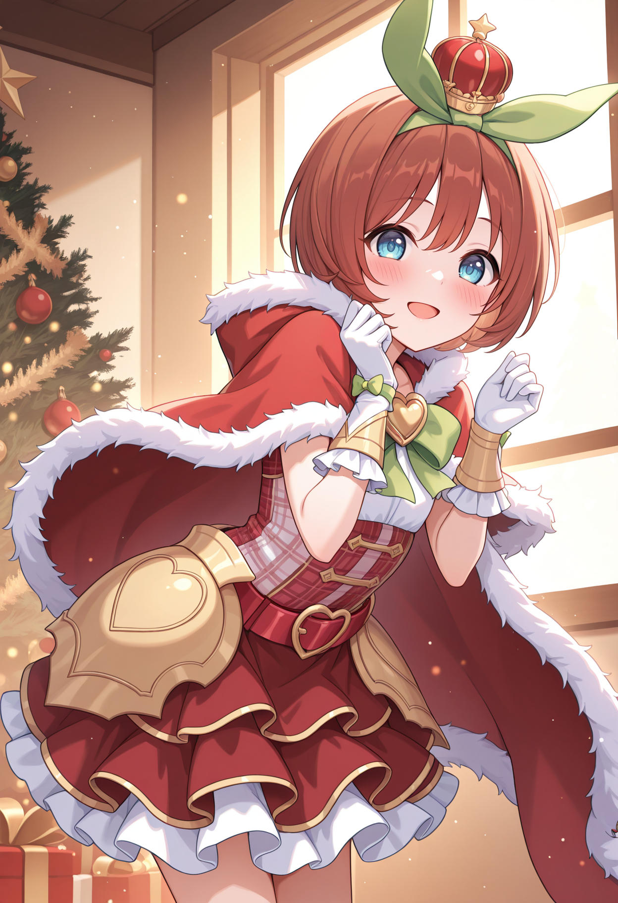 highres, best quality, masterpiece, indoors, christmas, 
1girl, solo, pcrkrmi, short hair, brown hair, hairband, hair ribbon, blue eyes,
pkrmmas, green ribbon, crown, fur-trimmed cape, red cape, green bowtie, heart brooch, white shirt, plaid shirt, red shirt, red belt, hip armor, white gloves, dark red skirt, white skirt, layered skirt, frilled skirt,
looking at viewer, blush, smile,
standing, leaning forward, hands up, christmas tree, window, light particles, 
open mouth, 
<lora:_kurumi_pcr-elesico-ilxl:1>