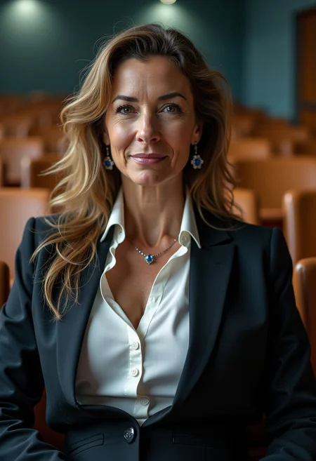 A close-up, ultra-detailed photograph of a mature 60-year-old German college professor sitting confidently in a lecture hall. She has long, wet hair styled with gel, aged but elegant skin, and a fit, slim figure. Her massive 34DD-cup breasts, prominent cleavage, and curvaceous figure are accentuated by a tight white button blouse under a tailored blazer, paired with a pencil skirt and heels. Her strict yet teasing expression is directed at the camera, exuding authority and allure with a hint of cougar charm. She wears subtle but tasteful jewelry that adds sophistication to her look. The lighting is dramatic and cinematic, with focused beams illuminating her face and upper body, creating striking contrasts between light and shadow. Her wet hair glistens in the light, and soft highlights emphasize the textures of her blouse and blazer. A warm, golden glow from an overhead light adds depth and warmth to her skin tone, while subtle rim lighting outlines her figure. The lecture hall background is softly blurred, with faint, cool-toned ambient light adding contrast to the warm tones on her. The interplay of light creates an intimate, professional, yet provocatively captivating atmosphere.