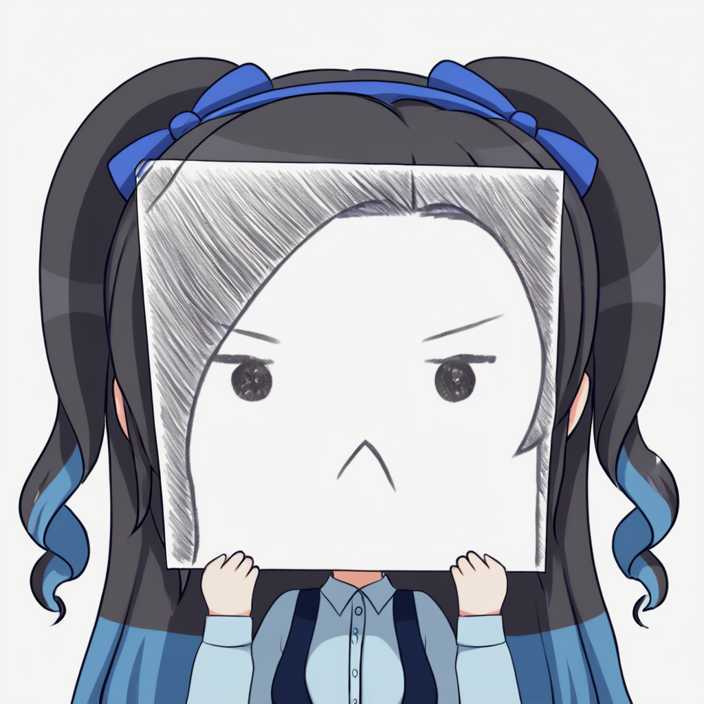 score_9, score_8_up, score_7_up, <lora:PaperLikeFacePony:0.8>
PaperLikeFace, 1girl, solo, long hair with drill hair, simple background, multicolored hair with shades of grey and blue, dress shirt with long sleeves, white background, holding a blue hairband, upper body, chibi style, sidelocks, two side up, frown,