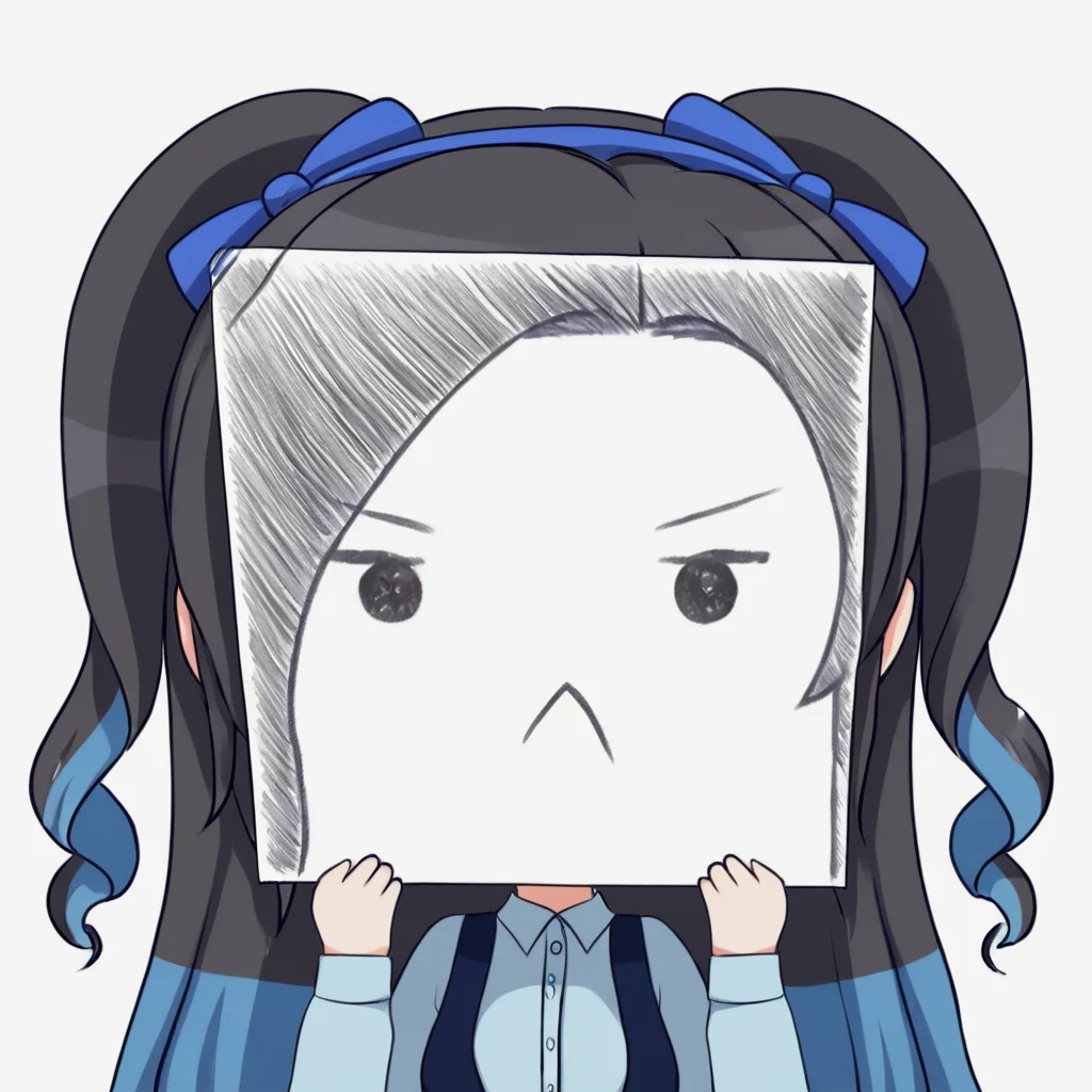 score_9, score_8_up, score_7_up, <lora:PaperLikeFacePony:0.8>
PaperLikeFace, 1girl, solo, long hair with drill hair, simple background, multicolored hair with shades of grey and blue, dress shirt with long sleeves, white background, holding a blue hairband, upper body, chibi style, sidelocks, two side up, frown,