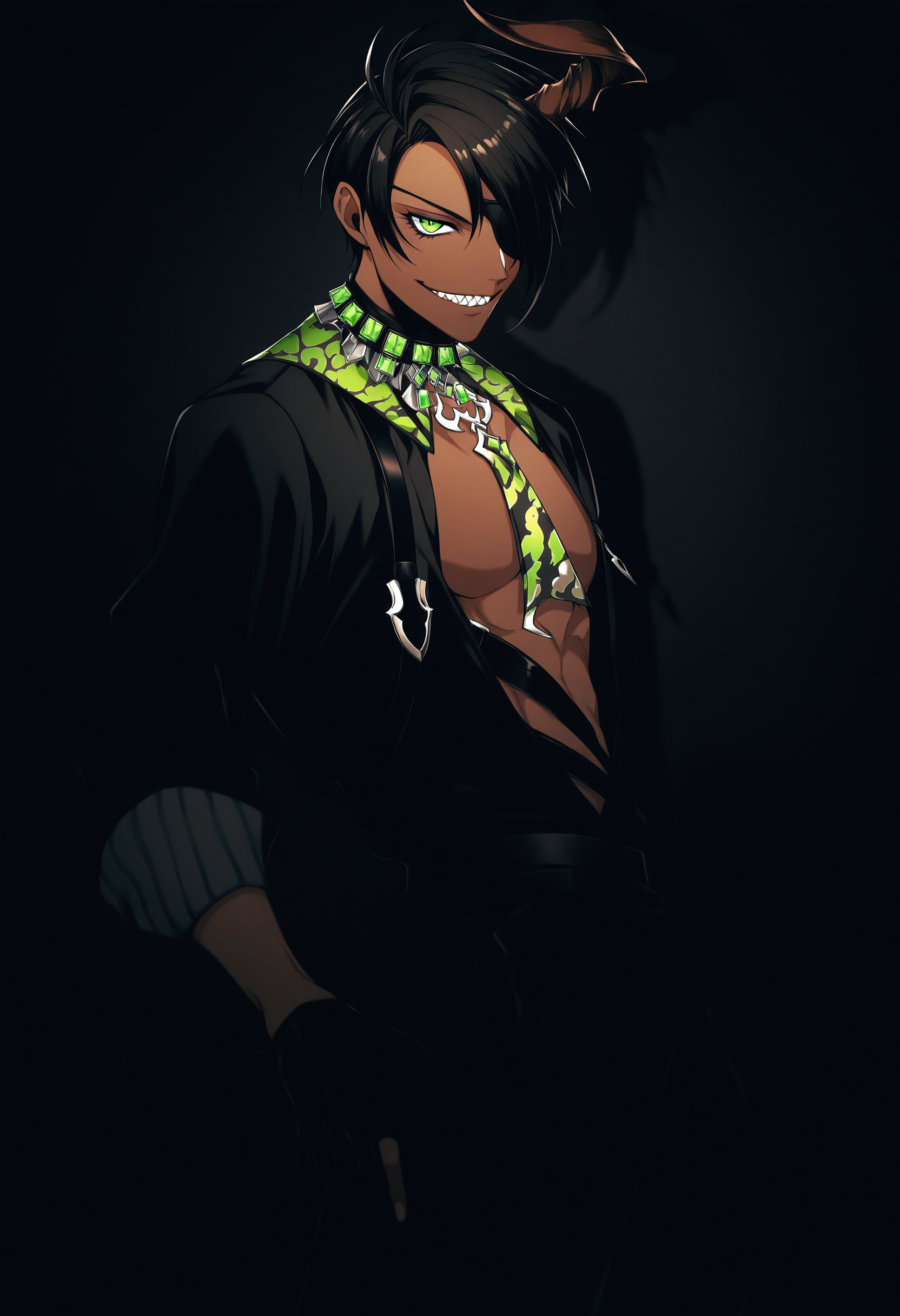 aragami oga, aragami oga \(1st costume\), 1boy, male focus, solo, dark-skinned male, green eyes, single horn, eyepatch, black hair, sharp teeth, black gloves, black pants, short hair, hair over one eye, black shirt, necktie, partially fingerless gloves, open shirt, sam browne belt,
looking at viewer, grin, from side, dark, night,
depth of field, high contrast, dramatic shadows, highly detailed,
masterpiece, best quality, very aesthetic, absurdres
<lora:holostars_allmems_illustrious_v1:1>
<lora:illustrious_noobai_epsilon_pred_1_masterpieces_v1:1>