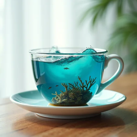 A stunning, surreal photo of a tea cup filled with swirling ocean waves, featuring a blend of vivid and realistic elements. The tea cup is displayed on a wooden table with a plain white background. The waves inside the cup showcase a gradient of colors, transitioning from deep blue to bright turquoise. The water appears to be alive with tiny fish swimming about and corals peeking through the surface. The photo is captured in a 9:16 aspect ratio and has been stylized with a 250% amplification to emphasize the intricate details of the oceanic scene., photo, cinematic atmosphere, RAW photo shot by dslr Fujifilm XT3, depth of field, bokeh, soft lighting, film grain, Lifelike full sharp