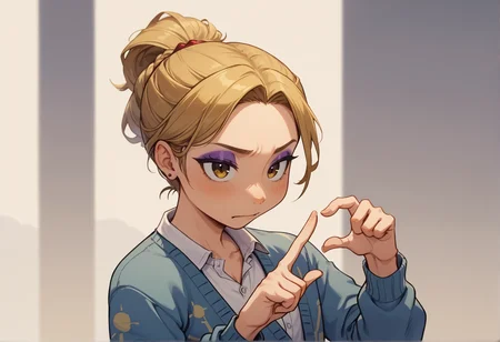 score_9, score_8_up, score_7_up BREAK 1girl, upper body, yellow half-updo, eyeshadow, cardigan, finger heart, rating_safe
