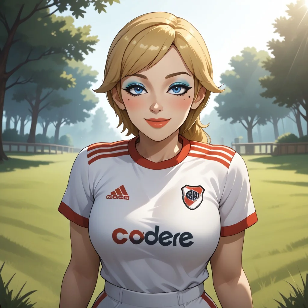 score_9, score_8, BREAK, solo, mii, wii, wii sports resort, 1girl, female mii, attractive, blonde hair, white skin, makeup, blush, blue eyeshadow, blue eyes, small nose, mole under eye, lips, RiverPlate, striped shirt, striped, shirt, white shirt, short sleeves, clothes writing, sportswear, soccer uniform, shoes, big breasts, white pants, Alisha_(\Wii_Sports_Resort\), Nintendo Mii, modern_mii, classic_mii, cute, sexy pose, self portrait, smile, outdoors, sunlight, shadows, evening lighting, natural lighting, forest, trees, grass, orange sky, sunset