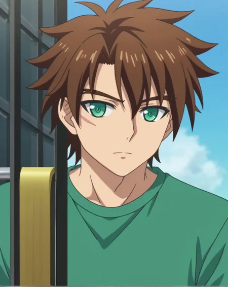 score_9, score_8_up, source_anime, anime screencap, original style, depth of field, BREAK, rating_safe, 1boy, solo, male focus, mature male,<lora:toujou_basara_pony:1>, toujou_basara_pony, brown hair, green eyes, short hair, hair between eyes, bangs, scar on cheek, cowboy shot, expresionless, standing, green shirt, looking at viewer, facing viewer, <lora:sdxl_lightning_8step_lora:1>