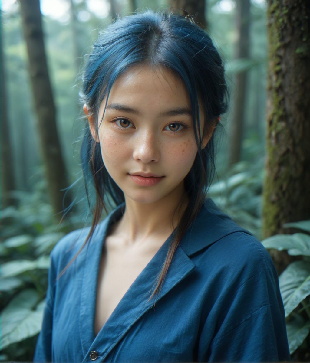 (score_9,score_8_up,score_7_up),
photorealistic, photography, depth of field, immersive lighting, cinematic,
Japanese, asian, monolid, looking at viewer, 
blue hair,  blue leaf,  blue forest,